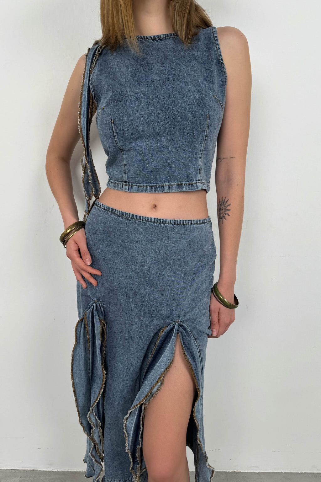 Ruffled Light Blue Denim Skirt
