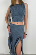 Ruffled Light Blue Denim Skirt