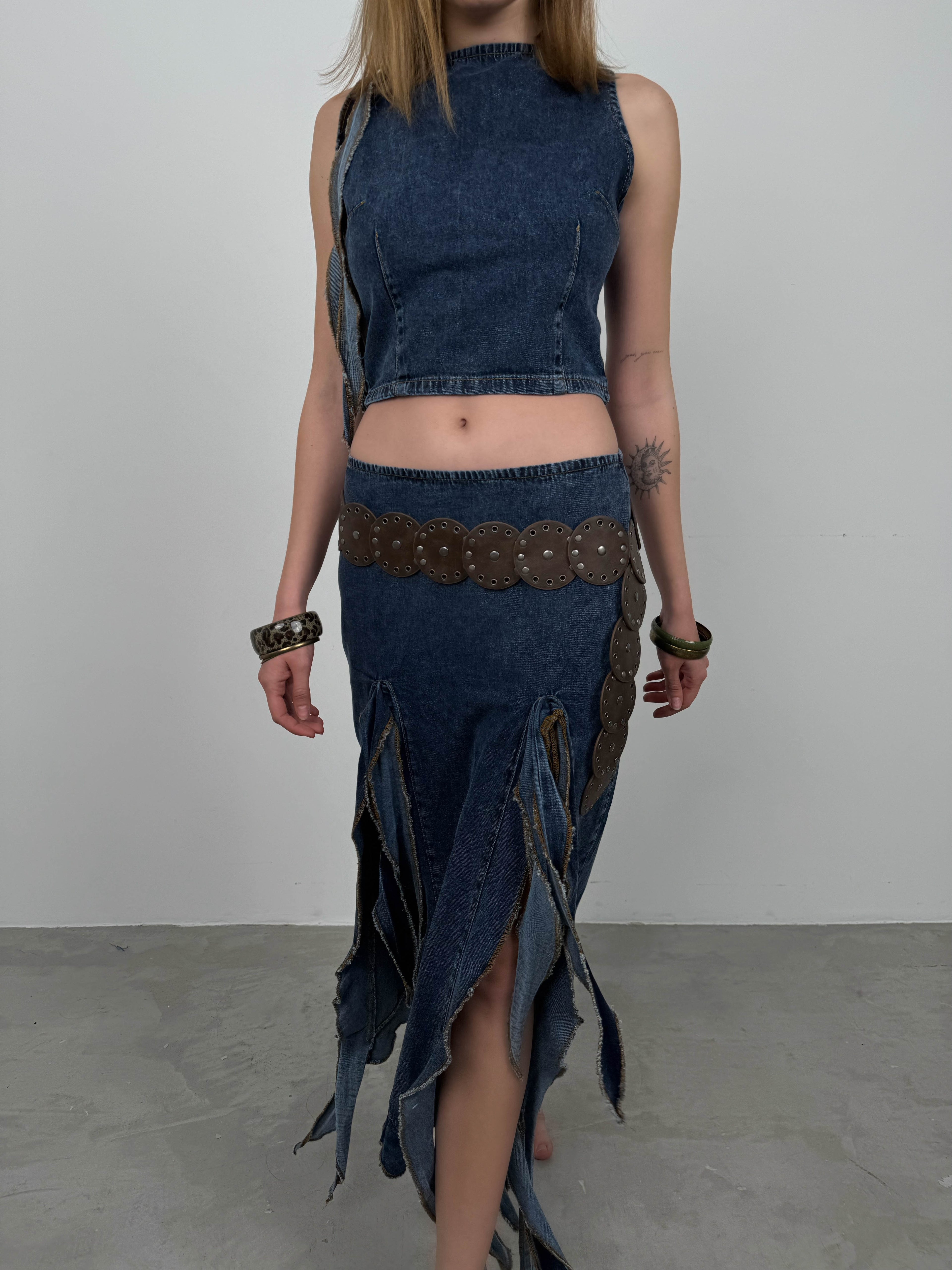 Ruffled Koyu Blue Denim Skirt