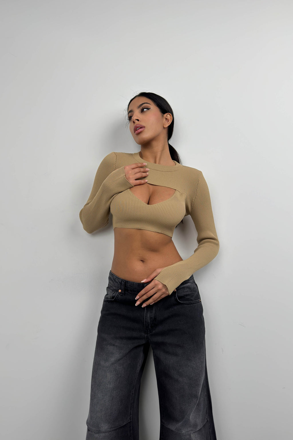 Ribbed Bra Bolero Beige Crop Set
