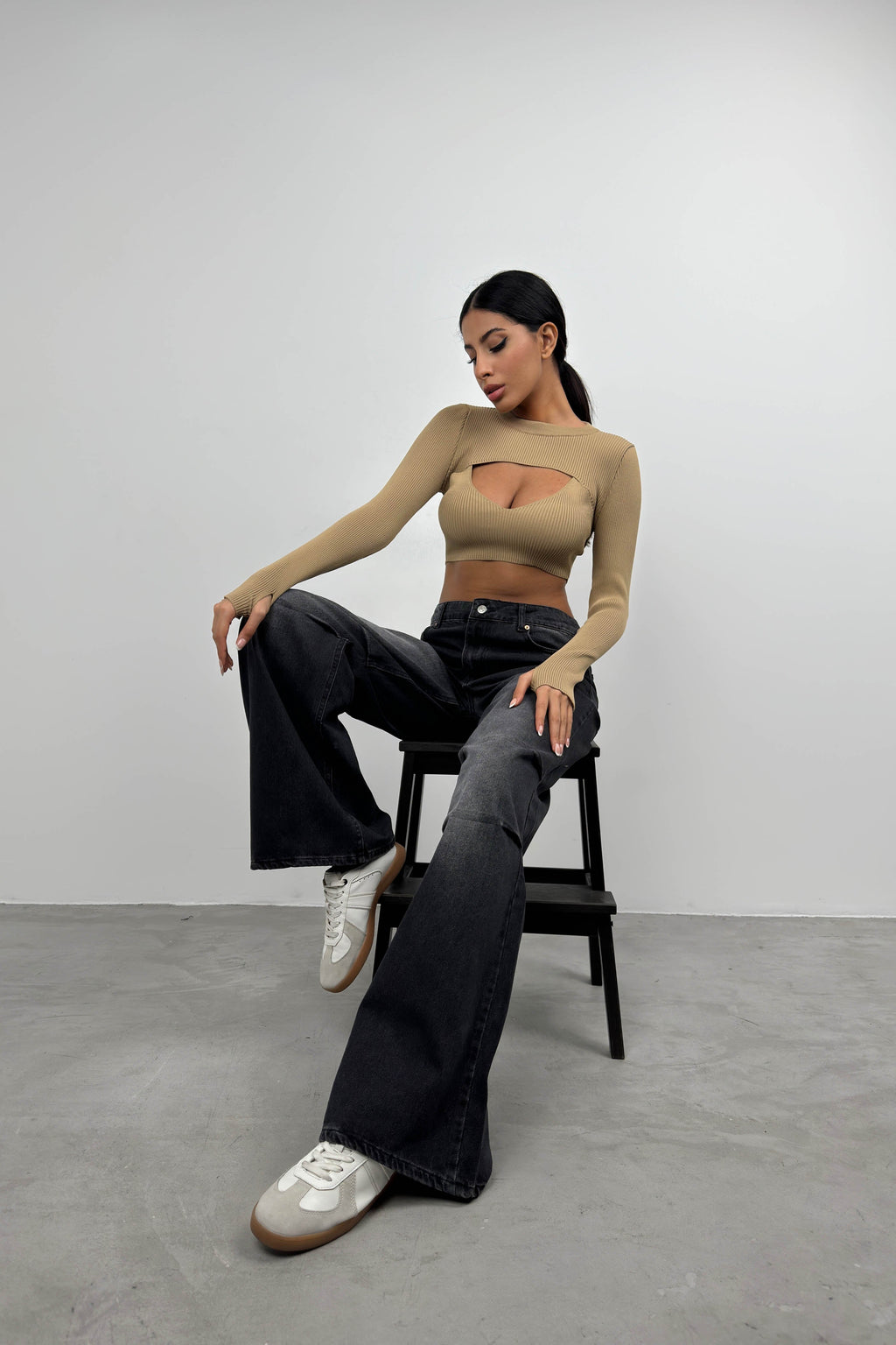 Ribbed Bra Bolero Beige Crop Set