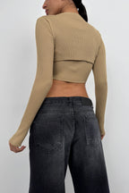Ribbed Bra Bolero Beige Crop Set