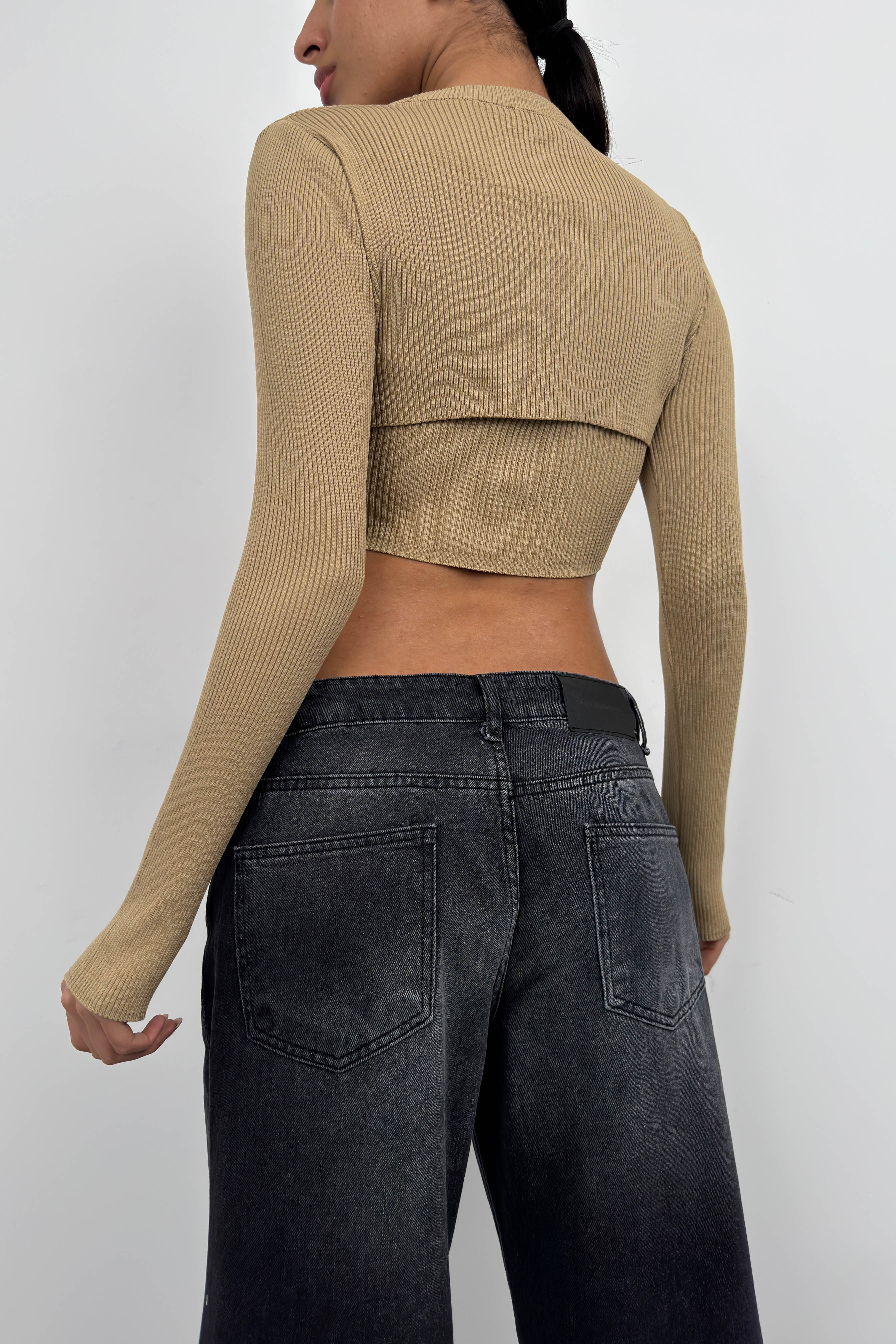 Ribbed Bra Bolero Beige Crop Set