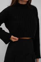Ribbed Crop Knit Black Sweatshirts