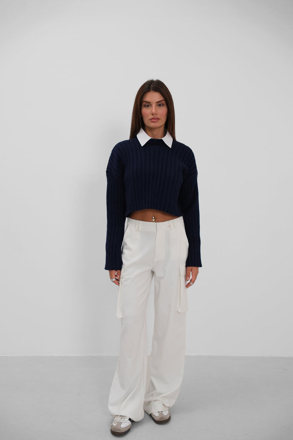 Ribbed Crop Knit Navy Sweater