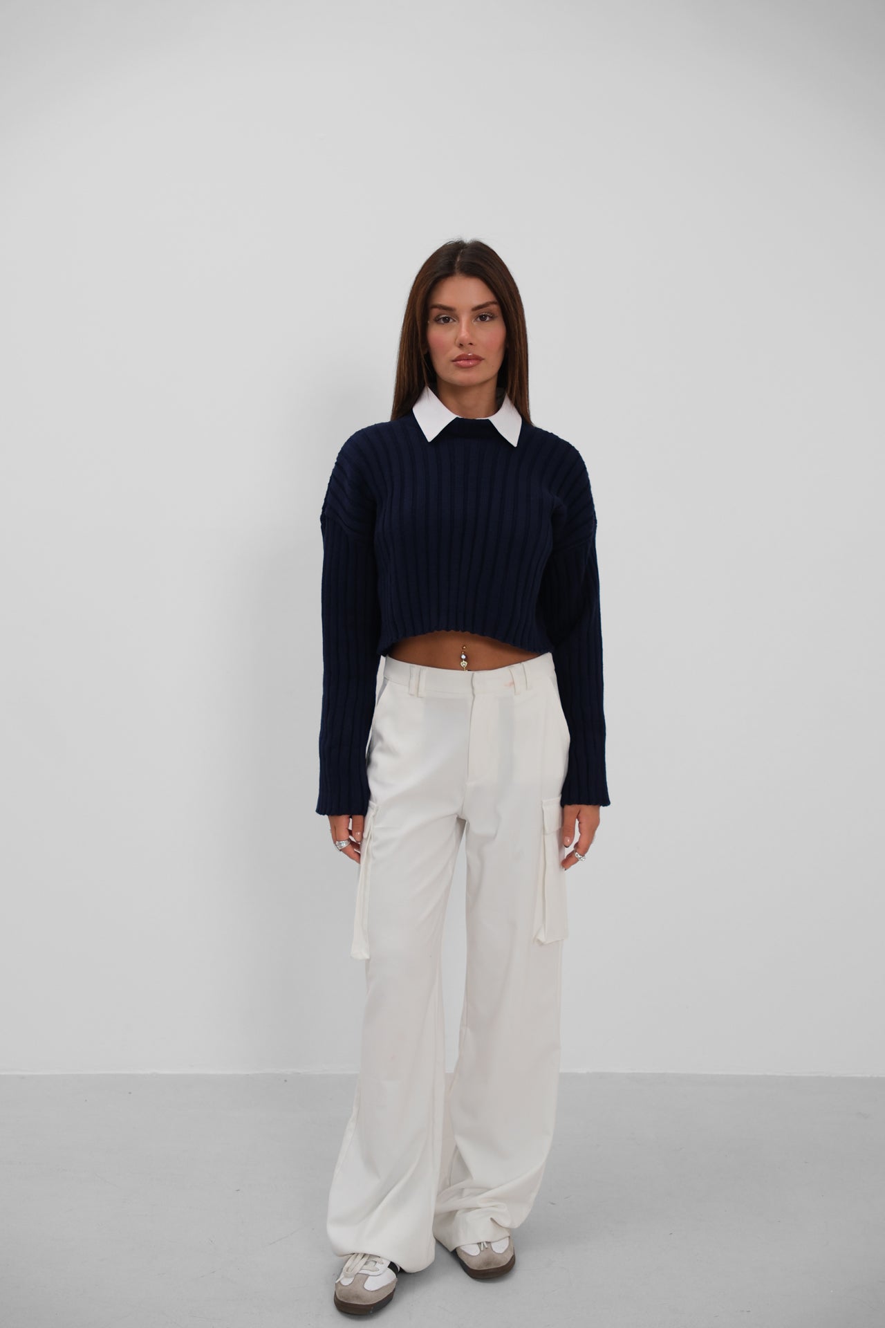 Ribbed Crop Knit Navy Sweater