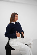 Ribbed Crop Knit Navy Sweater
