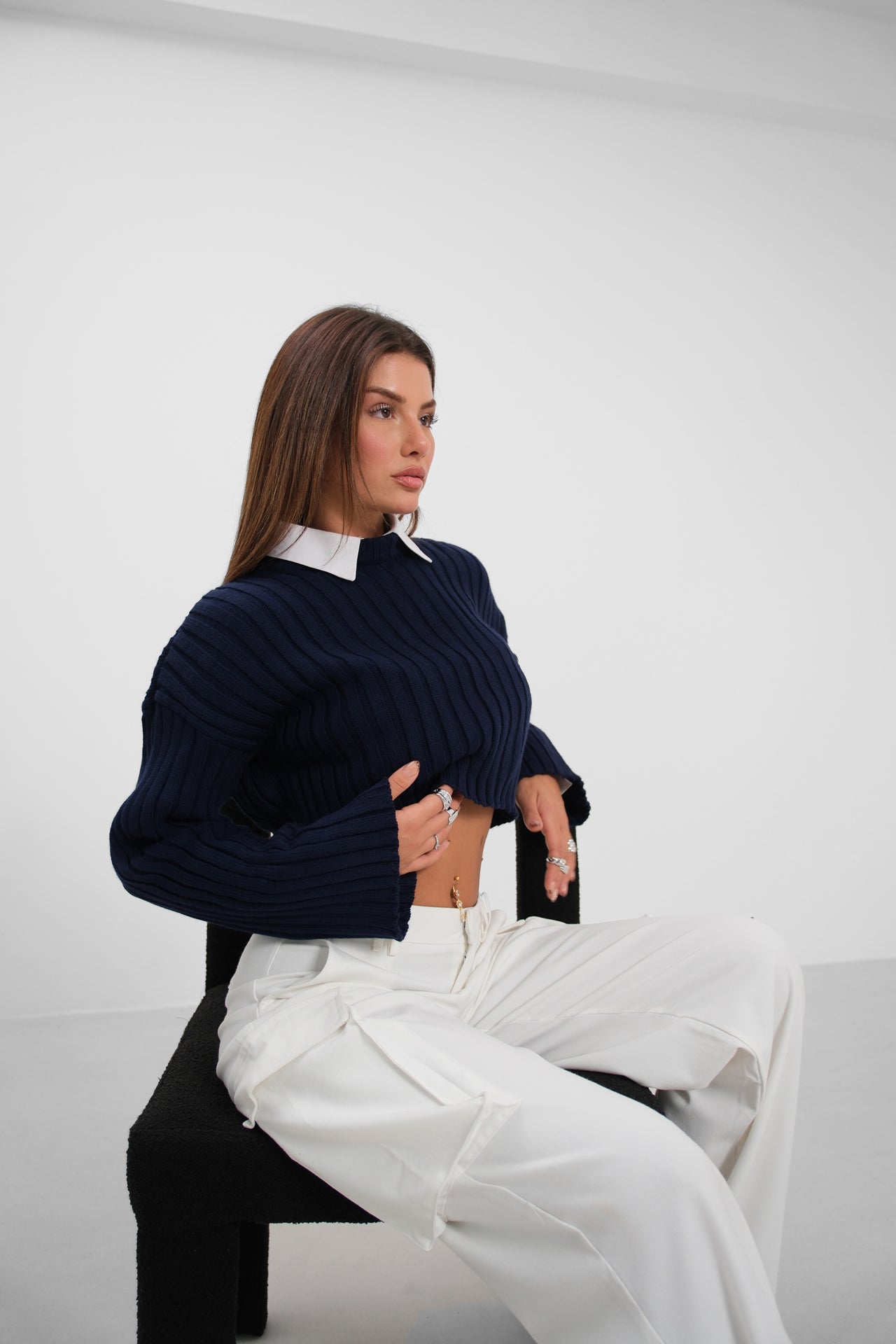 Ribbed Crop Knit Navy Sweater