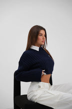 Ribbed Crop Knit Navy Sweater