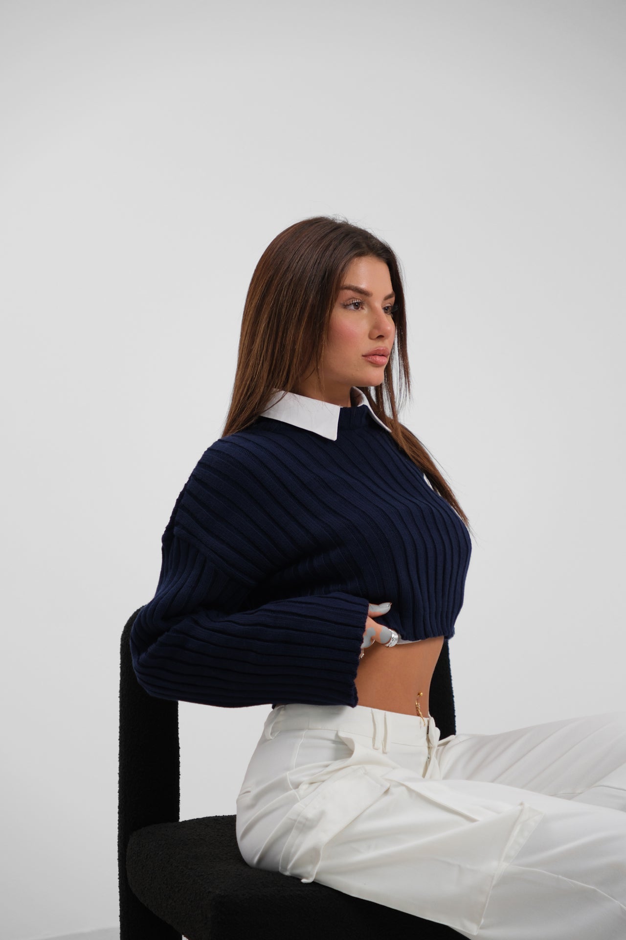 Ribbed Crop Knit Navy Sweater