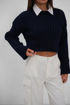 Ribbed Crop Knit Navy Sweater