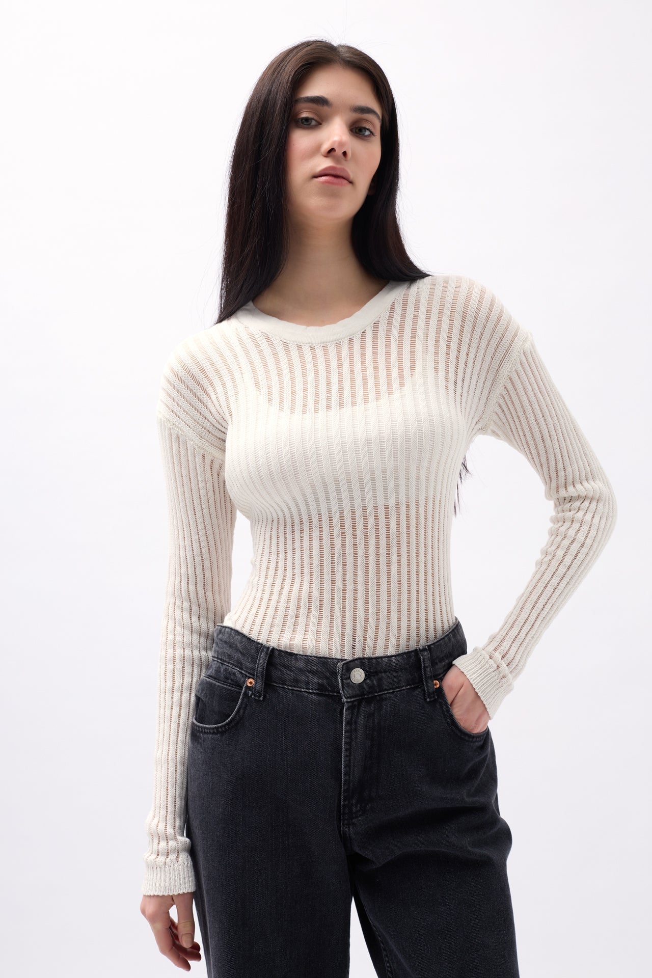 Ribbed Transparan Ecru Blouse