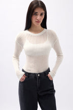 Ribbed Transparan Ecru Blouse
