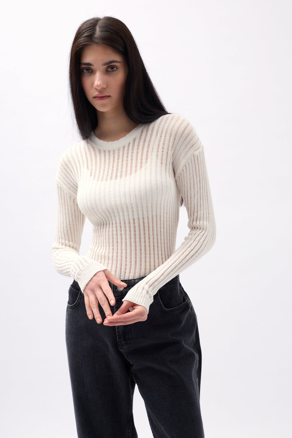 Ribbed Transparan Ecru Blouse