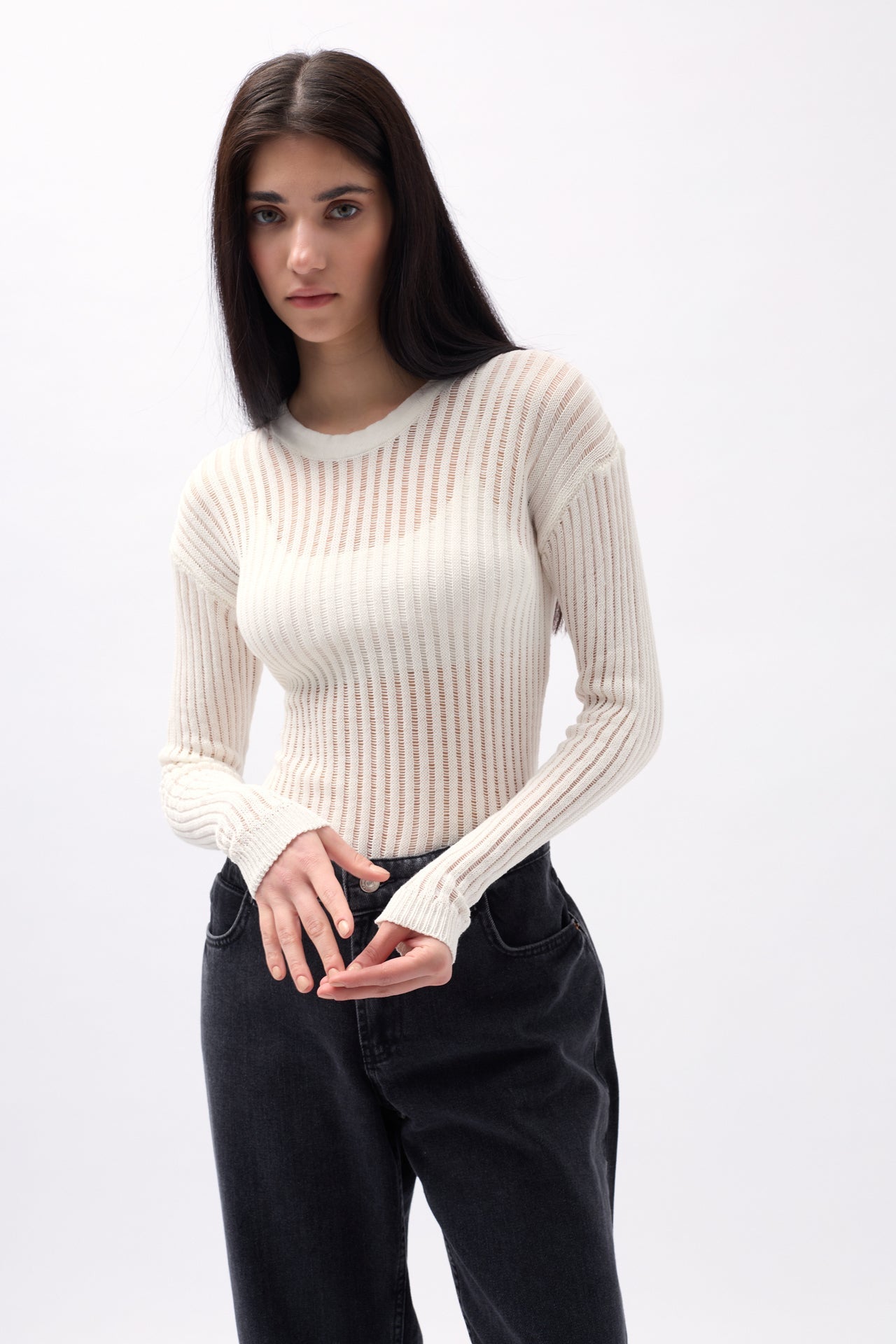 Ribbed Transparan Ecru Blouse