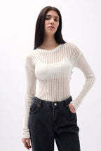 Ribbed Transparan Ecru Blouse