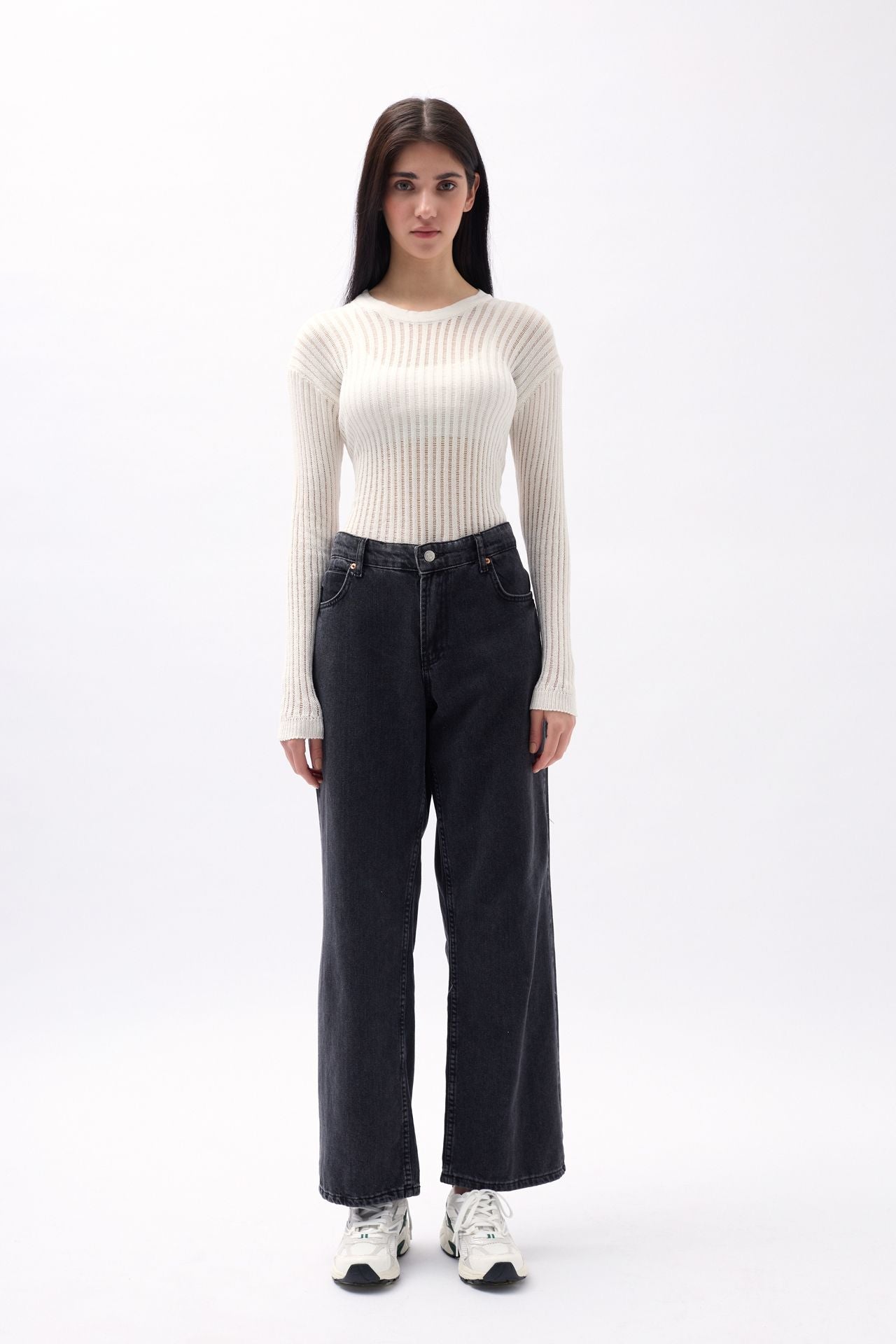 Ribbed Transparan Ecru Blouse