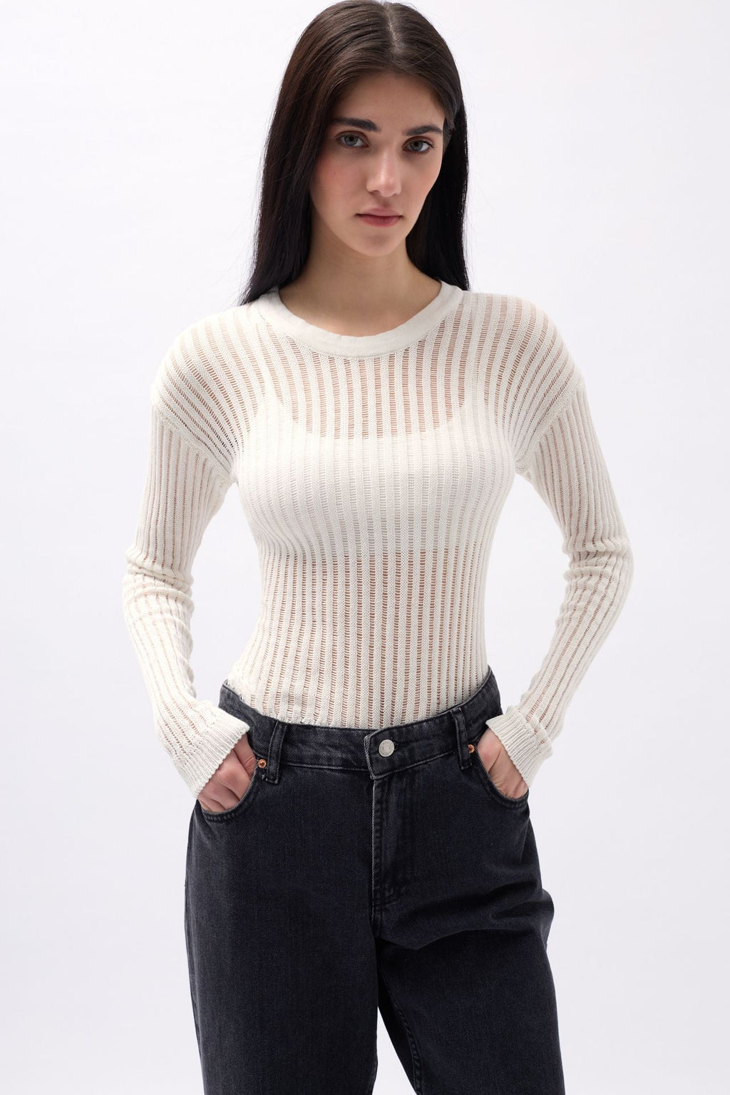 Ribbed Transparan Ecru Blouse