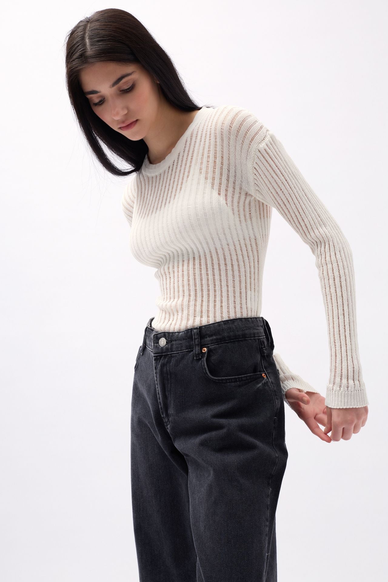 Ribbed Transparan Ecru Blouse