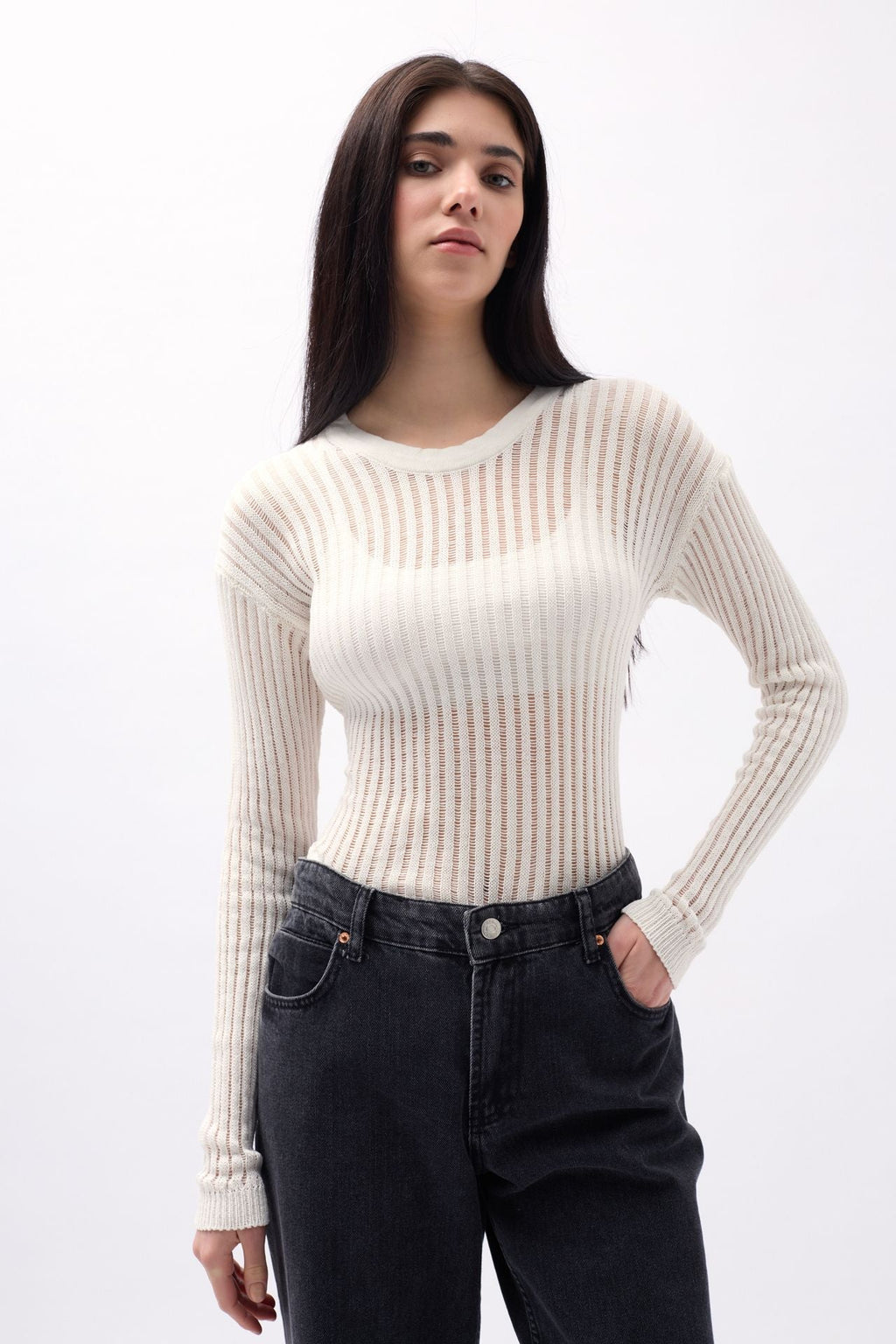 Ribbed Transparan Ecru Blouse