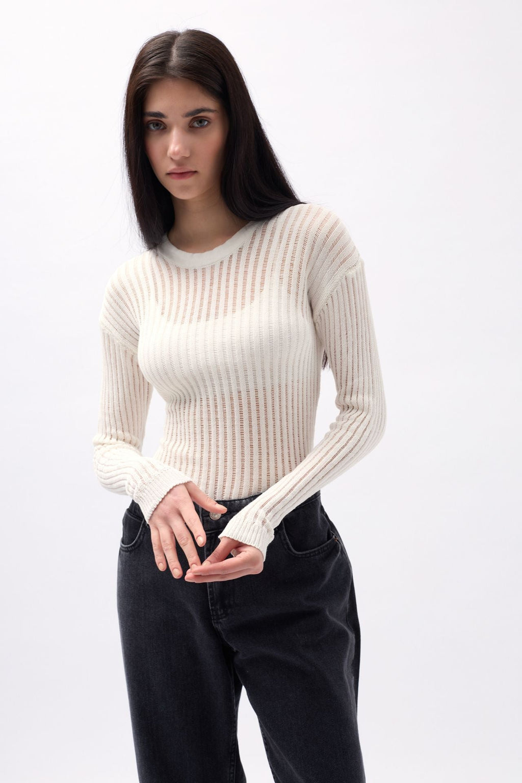 Ribbed Transparan Ecru Blouse