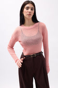 Ribbed Transparan Pudra Blouse