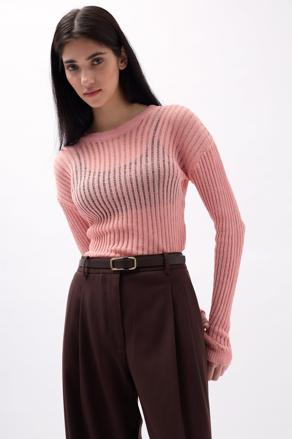Ribbed Transparan Pudra Blouse