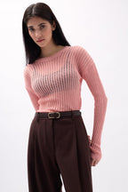 Ribbed Transparan Pudra Blouse