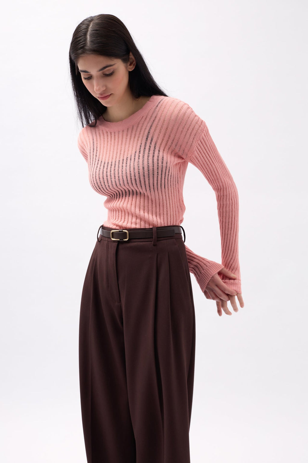 Ribbed Transparan Pudra Blouse