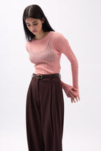 Ribbed Transparan Pudra Blouse