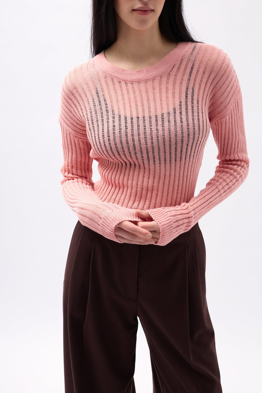 Ribbed Transparan Pudra Blouse