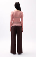Ribbed Transparan Pudra Blouse