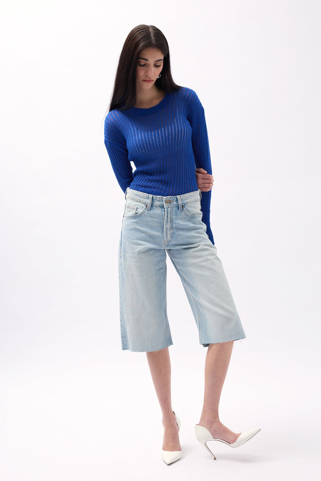 Ribbed Transparan Saxe Blue Blouse