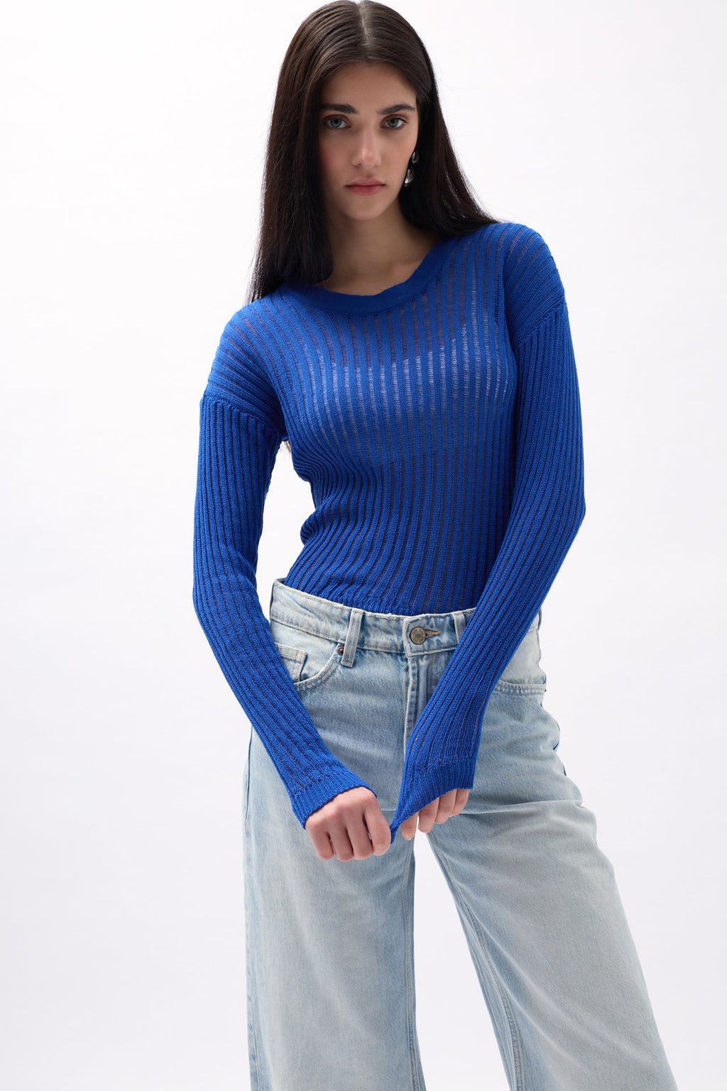 Ribbed Transparan Saxe Blue Blouse