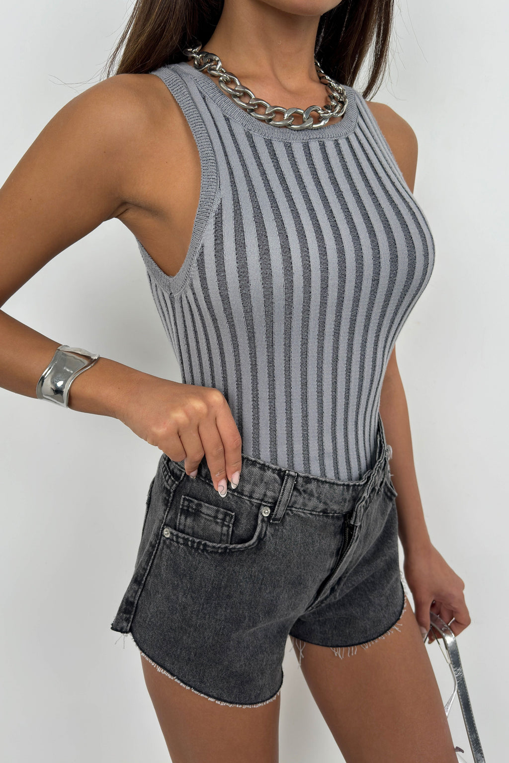 Ribbed Racer Neck Gray Blouse