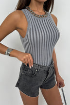 Ribbed Racer Neck Gray Blouse