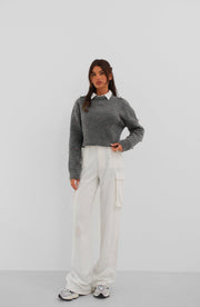 Gray Knitted Sweater with Bow Detail