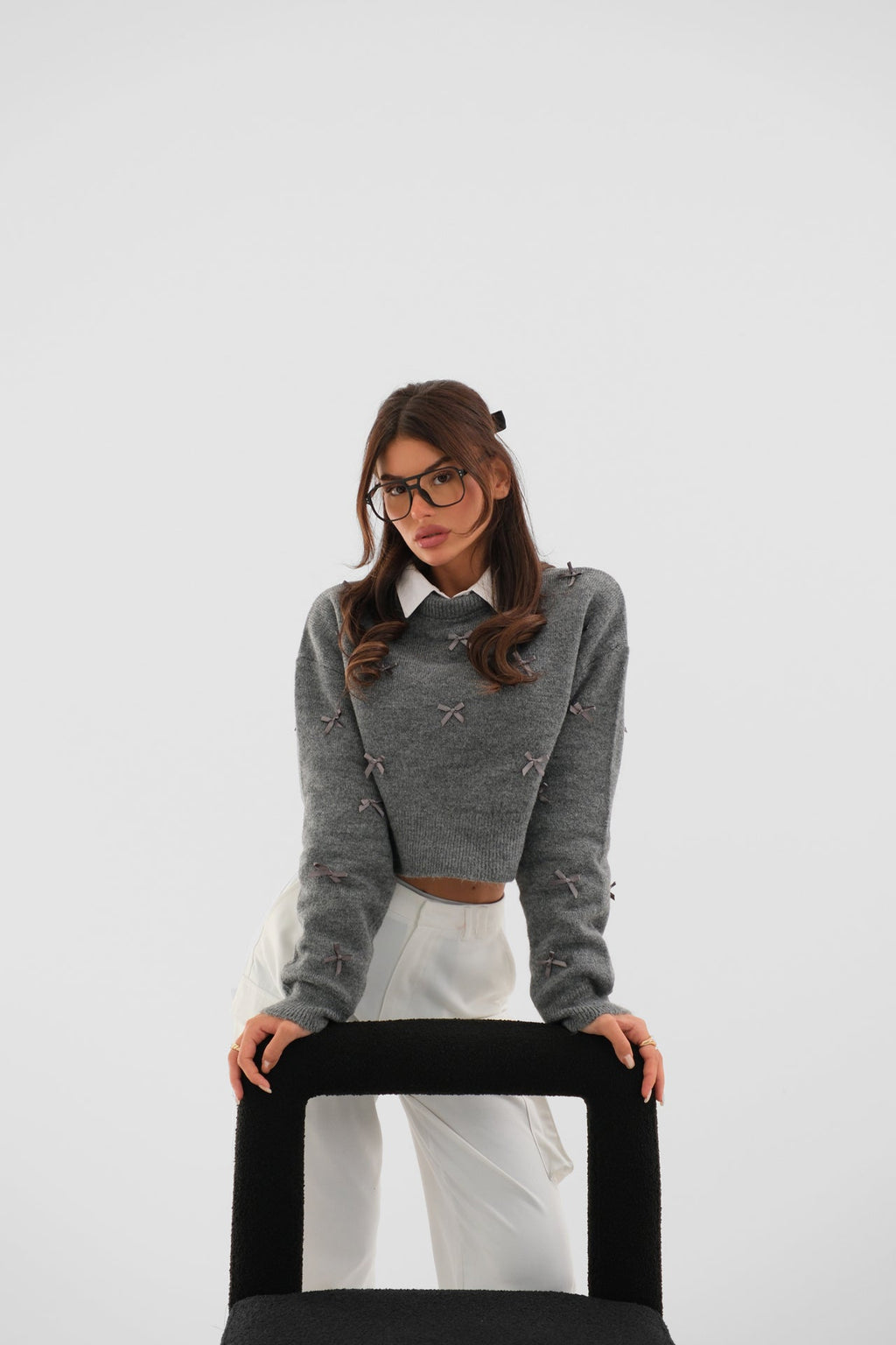 Fiyonk Detailed Gray Knit Sweater