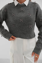 Fiyonk Detailed Gray Knit Sweater