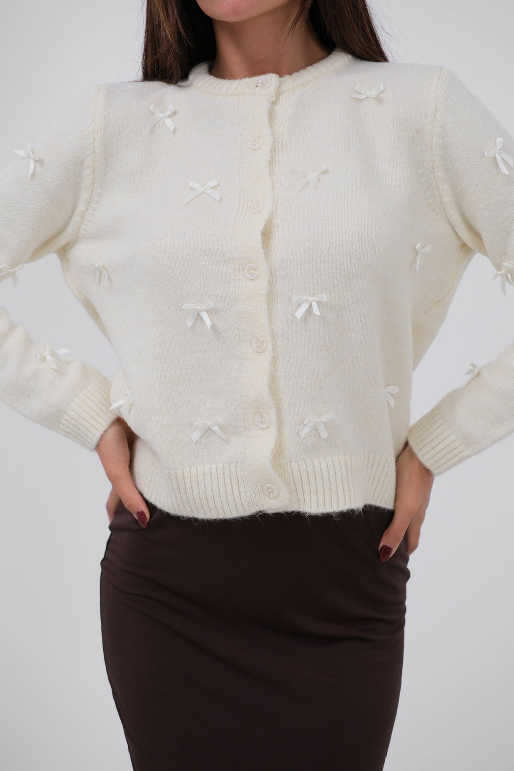 Bow Detail Knit Ecru Cardigan