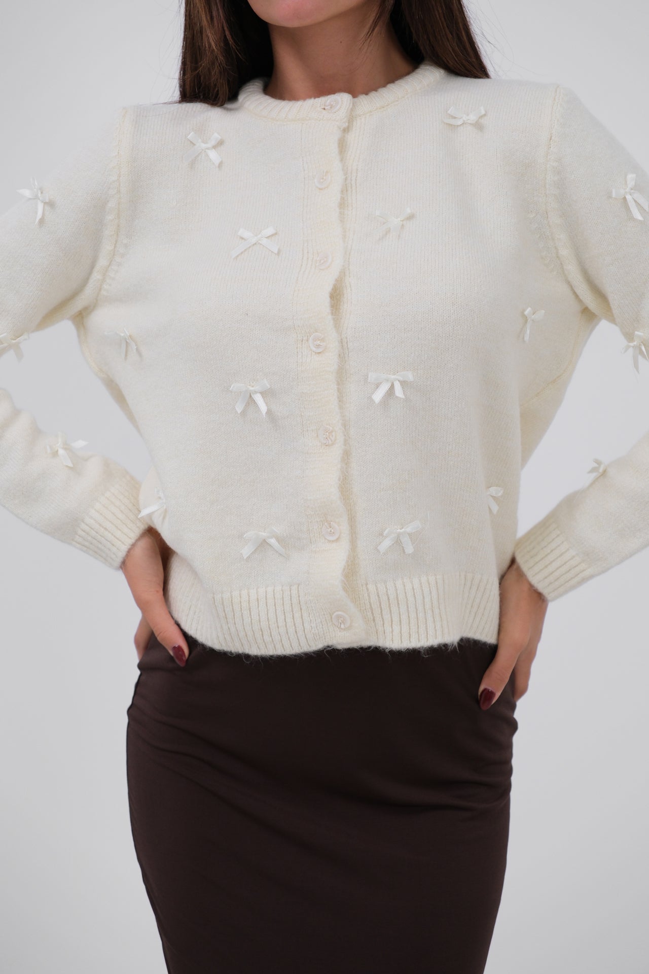 Bow Detail Knit Ecru Cardigan