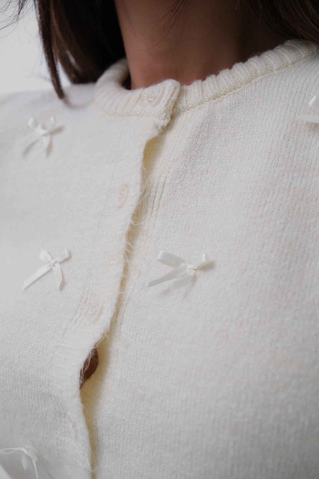 Bow Detail Knit Ecru Cardigan