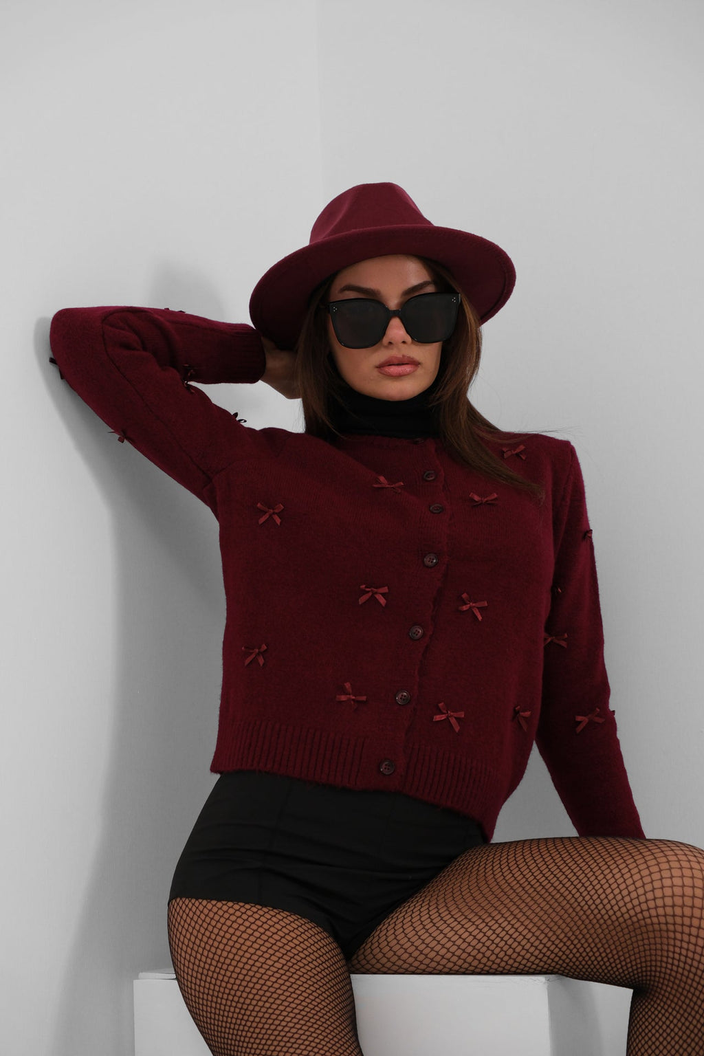 Bow Detail Triko Burgundy Cardigan