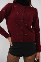 Bow Detail Triko Burgundy Cardigan