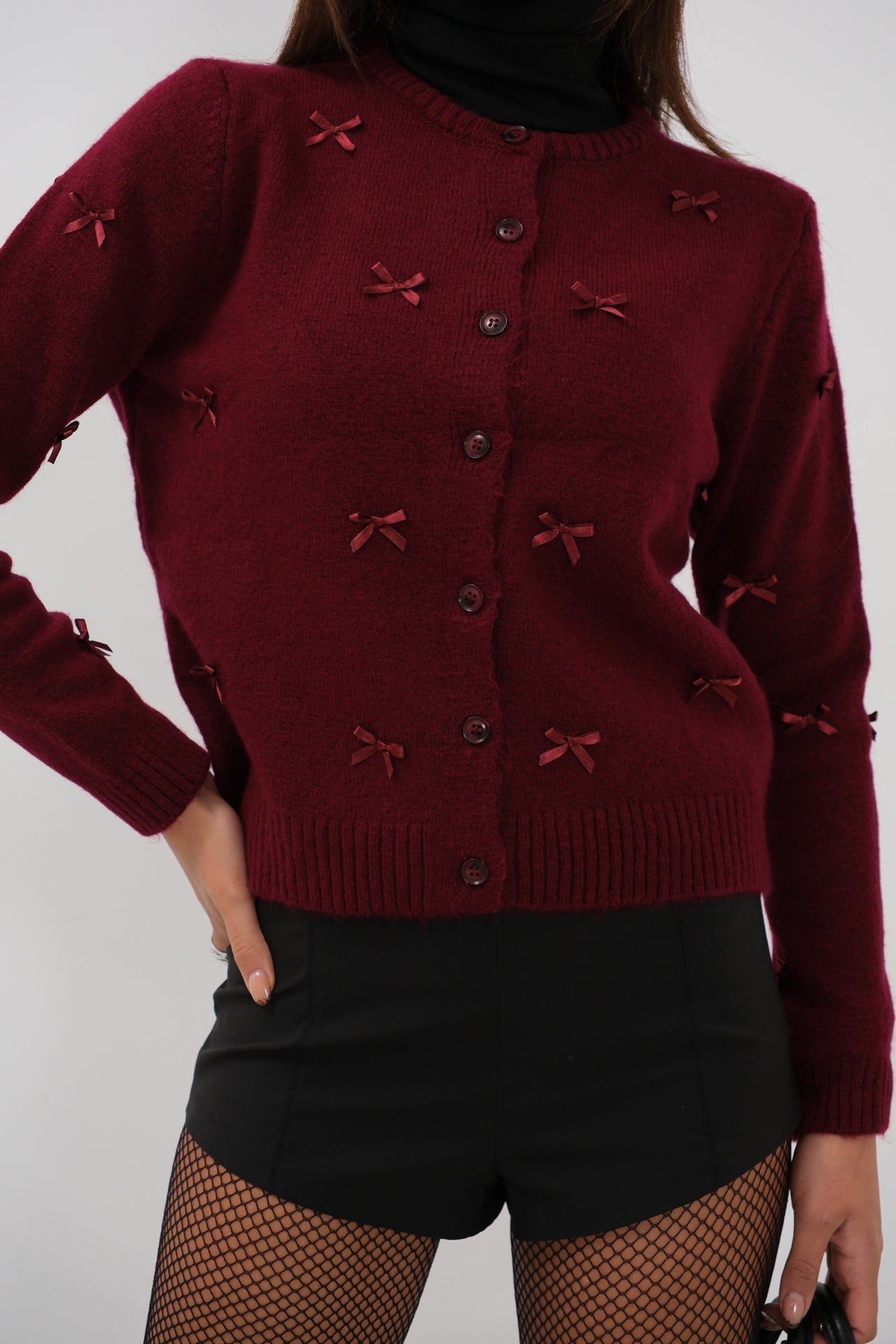 Bow Detail Triko Burgundy Cardigan