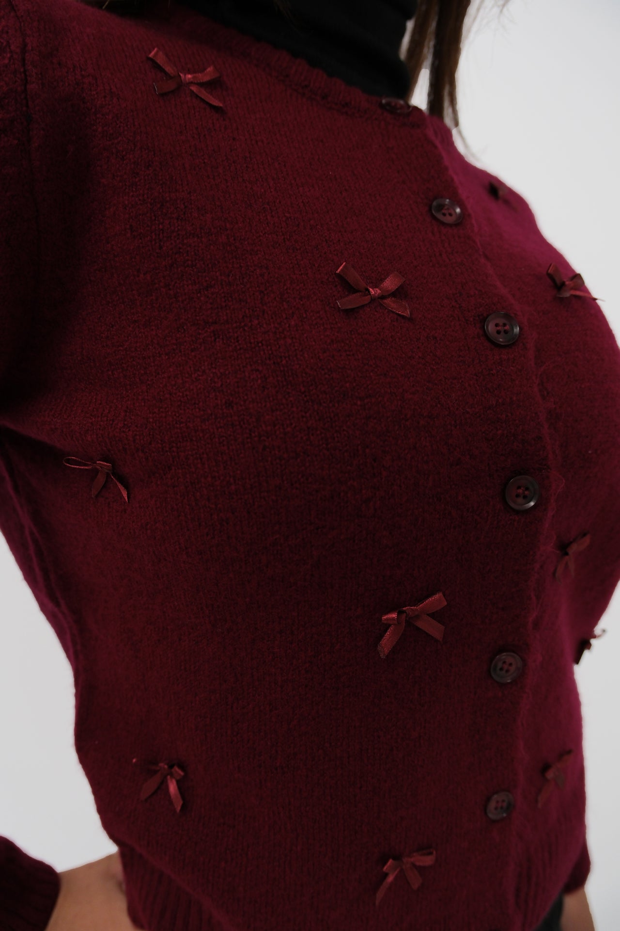 Bow Detail Triko Burgundy Cardigan