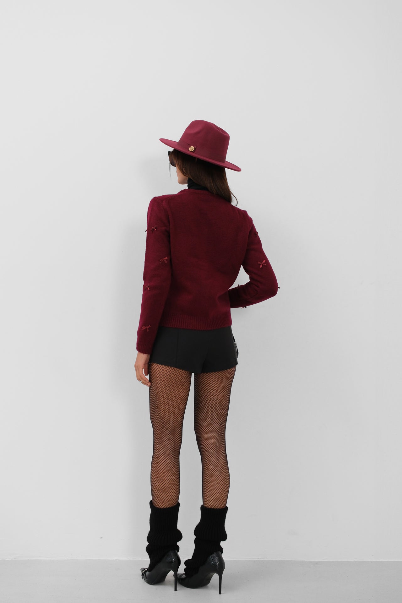 Bow Detail Triko Burgundy Cardigan