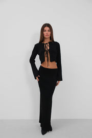 Bow Cardigan Slit Skirt Knitwear Black Set