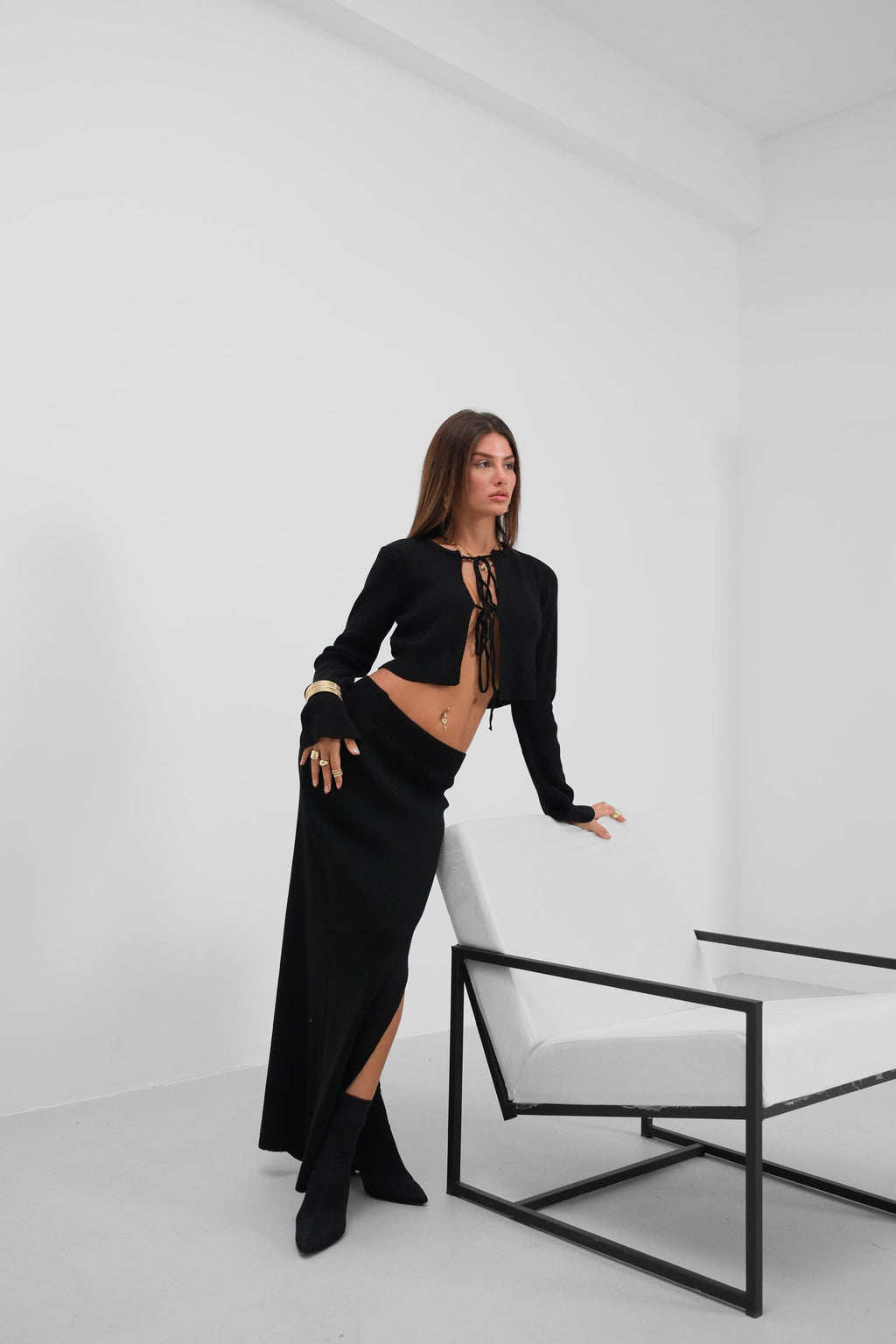 Fiyonklu Cardigan Slit Skirt Knit Black Takim