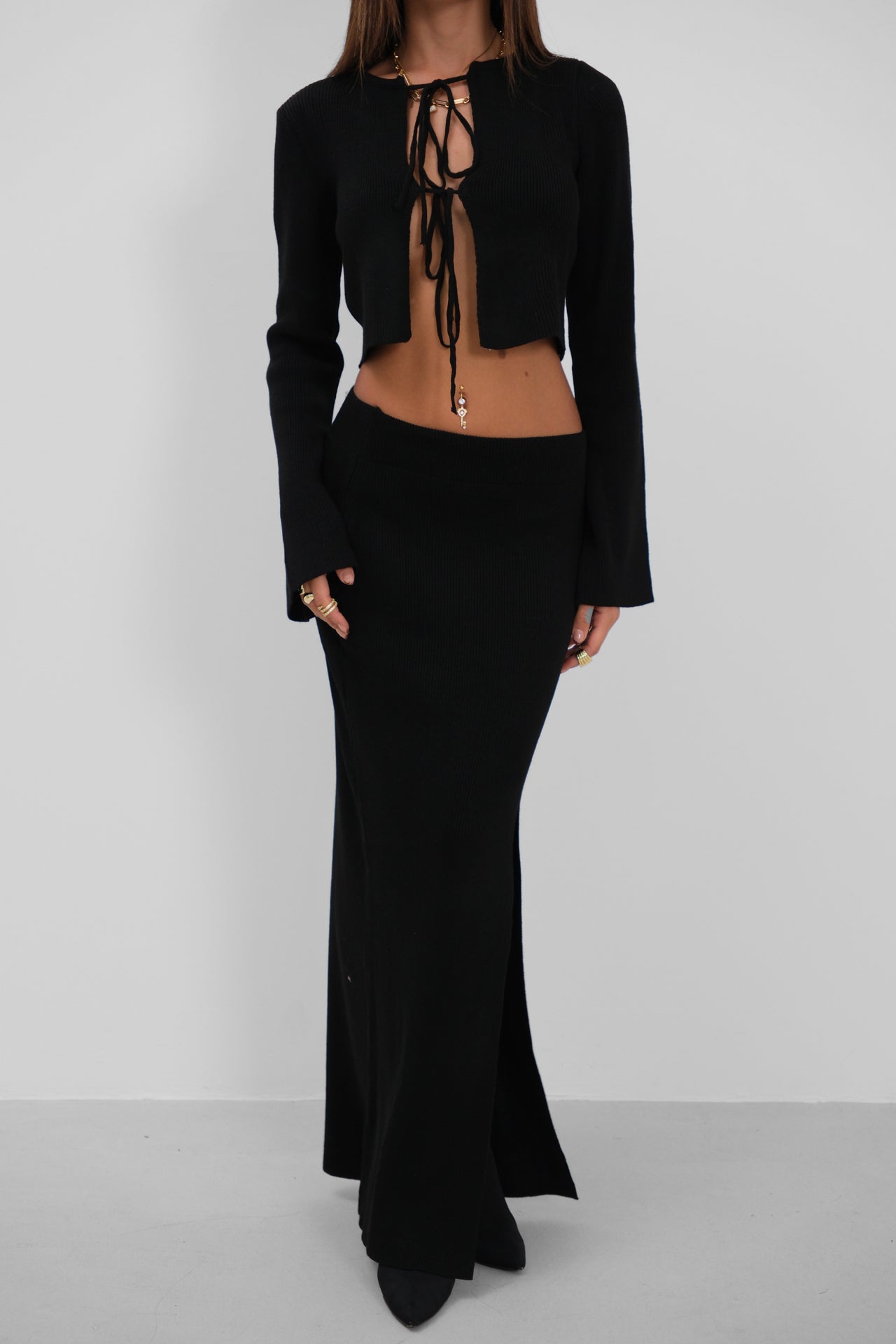 Fiyonklu Cardigan Slit Skirt Knit Black Takim